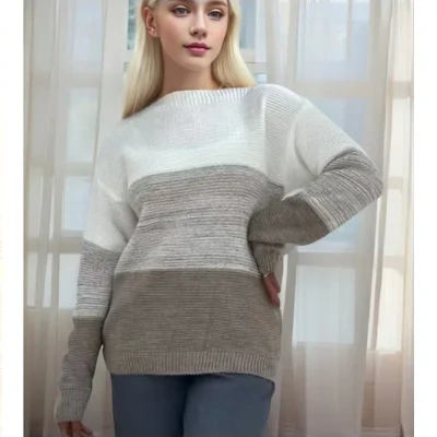 Pullover Knitted Sweater Fashion Round Neck Splicing Knitwear Loose Top Women's Clothing