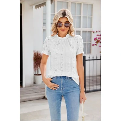 New Fashion Lacework Round Neck Top Summer Puff Sleeves Hollow Design Loose Pleated T-shirt For Womens Clothing