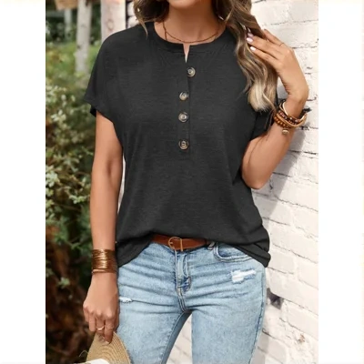 Top Solid Color Button Fashion Short Sleeve T-shirt Women