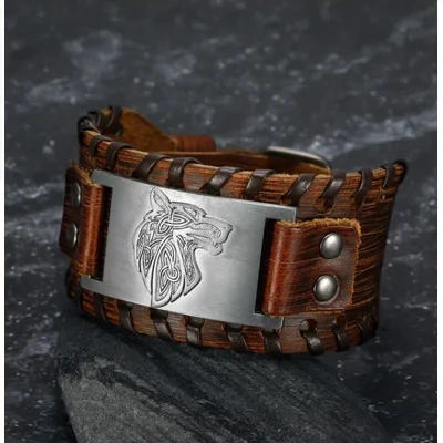 Asgard Crafted Leather Buckle Arm Cuff With Fenrir Design