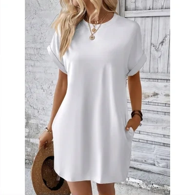 Loose Short Sleeve Dress With Pockets Summer Casual Solid Color Round Neck Straight Dresses Womens Clothing