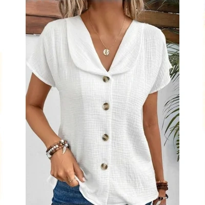Summer Solid Color Fashion Short-sleeved Cardigan Button Women's Top