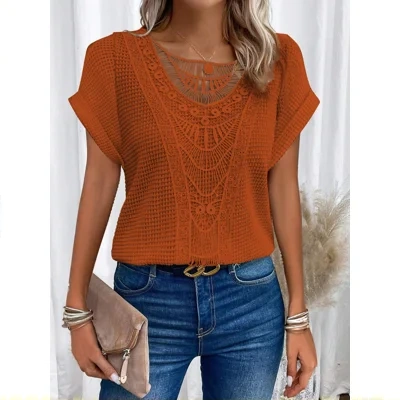 Summer Hollow Out Short-sleeved T-shirt Fashion Ethnic Style Tops Women's Clothing