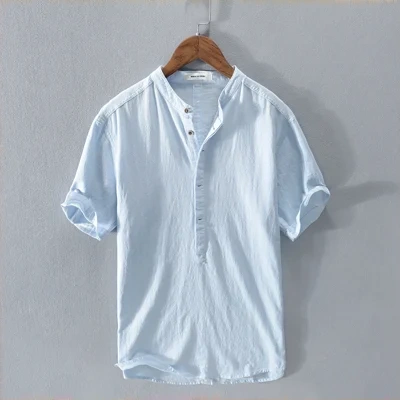 Men's Stand Collar Japanese Ice Silk Linen Short Sleeve T-shirt