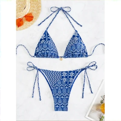 Split Bikini Printing Stitching Bandage Swimsuit