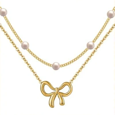 Simple Pearl Double Layer Choker Fashion Gold Color Necklaces Chain Small Bow Pendant Necklace Jewelry Gifts For Women Fashion Jewelry Valentine's Day