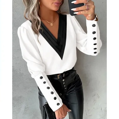 Fashion V-neck Long Sleeve Blouse With Button Design Commuter Leisure Solid Shirt Top Womens Clothing