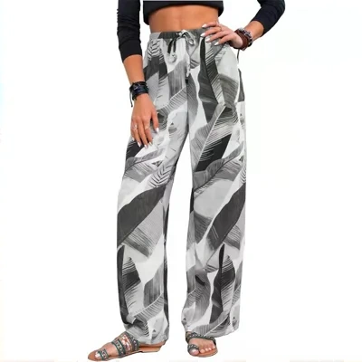Fashion Drawstring Leaf Print Beach Pants Summer Casual Loose Wide Leg Straight Trousers Womens Clothing