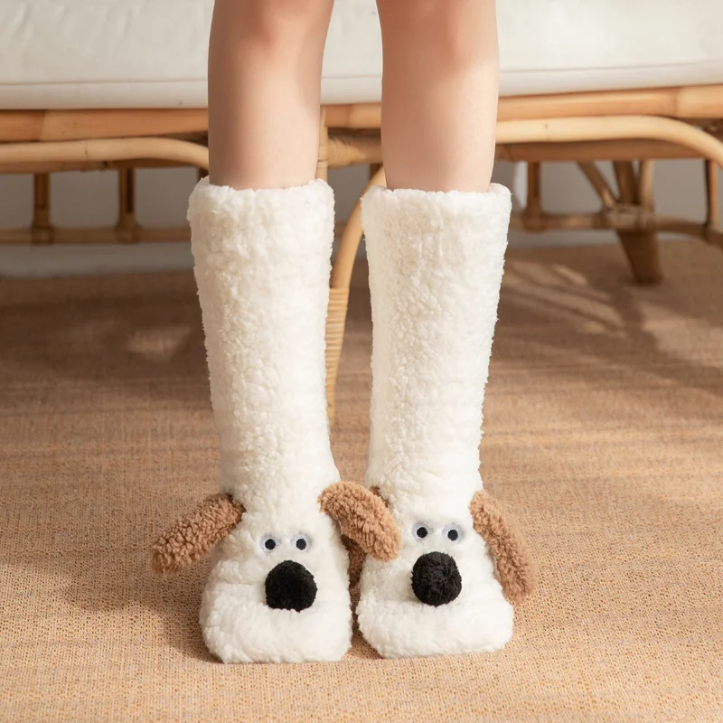 Cute Cartoon Dog Floor Socks Winter Warm Non-slip Plush Socks For Women