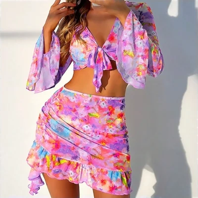 New European And American Printing Stylish Beach Dress Bikini Four-piece Suit