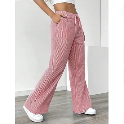 New Striped Trousers With Pockets Casual Versatile Loose Wide Leg Pants Women's Clothing