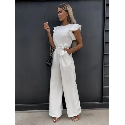 Ruffled Jumpsuit With Belt Summer Fashion Pockets  Sleeveless Overall Pants Straight Onesie Trousers