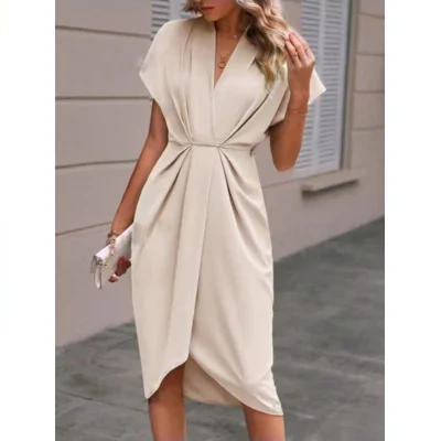 Summer Batwing Sleeve Dress Fashion V-neck Short Sleeve Pleated Dresses Womens Clothing