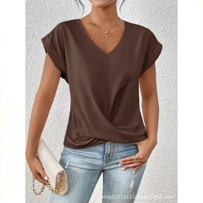 Fashion V-neck Short-sleeve T-shirt Summer Casual Irregular Knot Top For Women Clothing