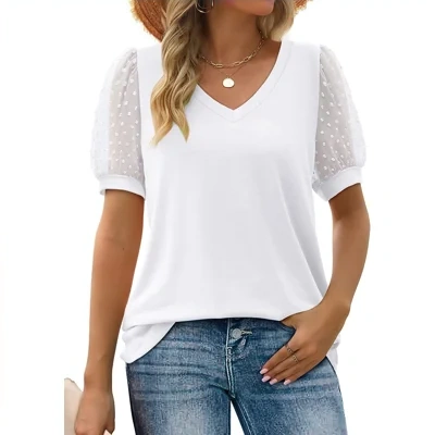 Womens Summer Tops V Neck T Shirts Dot Puff Sleeve Tops Loose Casual Tshirts