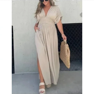 Fashion Bat-sleeved V-neck Slit Dress Summer Short Sleeve Elastic Waist Long Dresses Womens Clothing