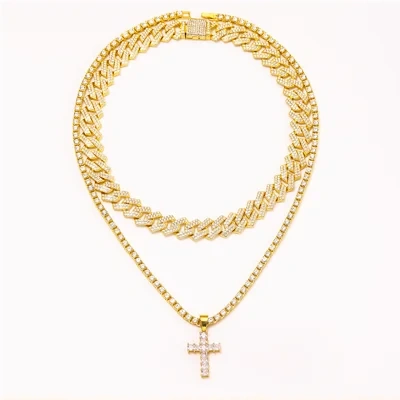 Zircon Cross Pendant Necklace Hip Hop Full Miami Curb Cuban Chain Iced Out Paved Rhinestones Bling Rapper Necklaces For Men Men's And Women's Clavicle