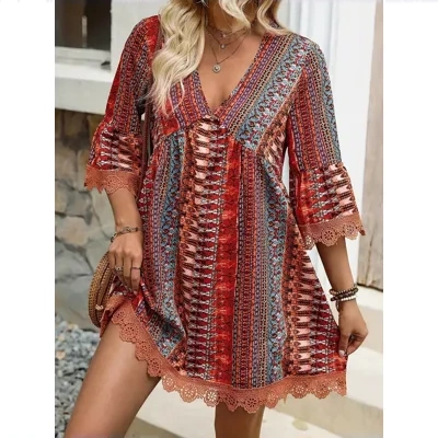 Bohemian Style V-neck Printed Dress Fashion Casual Loose Beach Dresses For Women