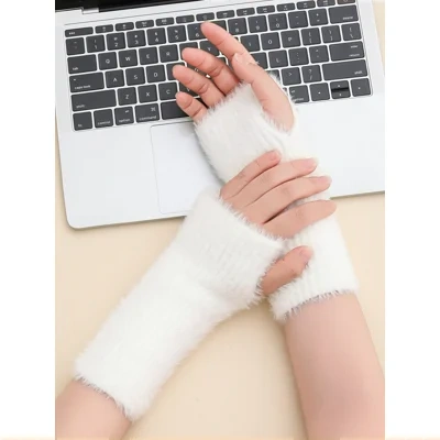 3 Needle Faux Fur Yarn Autumn Winter Fuzzy Knit Short Warm Gloves Arm Warmer For Girls Women Daily Party Work