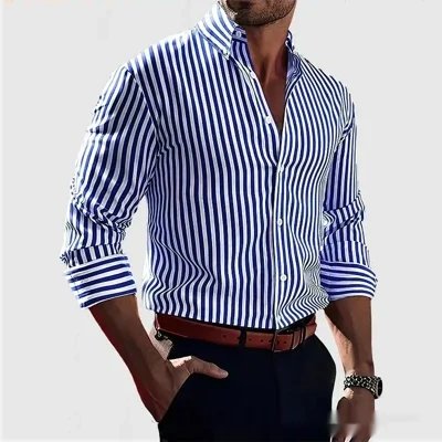 Ins Stripe Printed Long Sleeve Shirt Men Fashion Casual Lapel Button Top Clothing