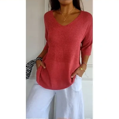 Solid Long Sleeve Sweater Slimming V-neckline Knitwear Women's Bottoming Shirt