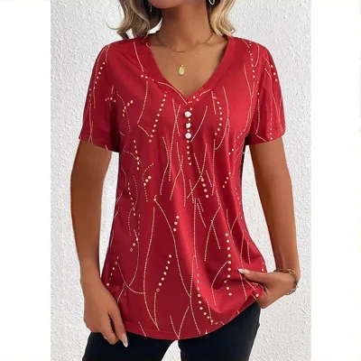 New V-neck Printed Button T-shirt Summer Fashion Leisure Short-sleeved Top Womens Clothing