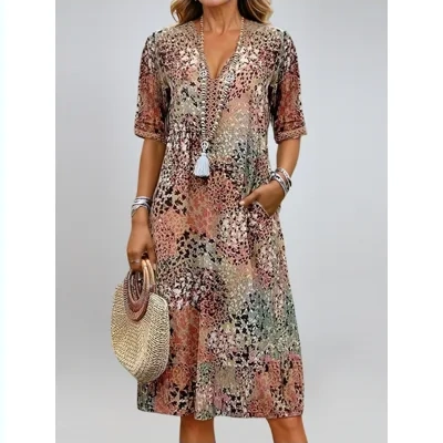 Summer V-neck Half-sleeved Dress With Pockets Fashion Ethnic Print Dresses Beach Holiday Clothing For Women