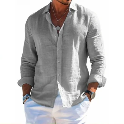 Men's Long Sleeve Shirt Casual Loose Lapel Button Top Solid Color Plus Size Blouse Clothing