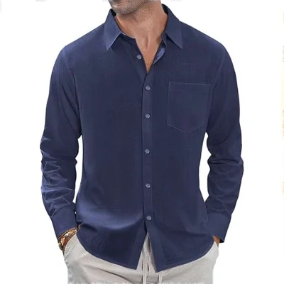 European And American Men's Shirt Double Pocket Cotton Linen