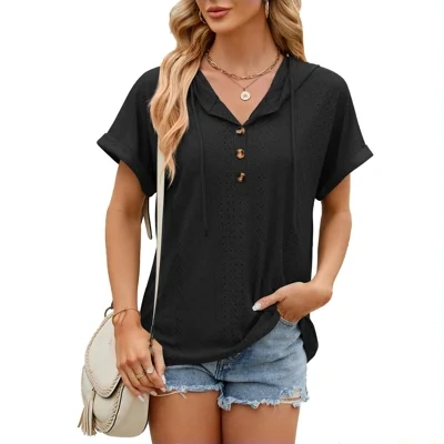 New Solid Color Hooded Button T-shirt Loose Hollow Design Short-sleeved Top For Womens Clothing