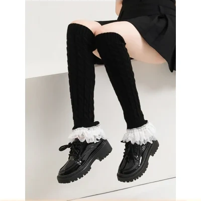 Winter Girl Crochet Warm Knee High Long Boot Socks Lace Cable Knit Women Ruffle Leg Warmers For Dancewear Daily Party