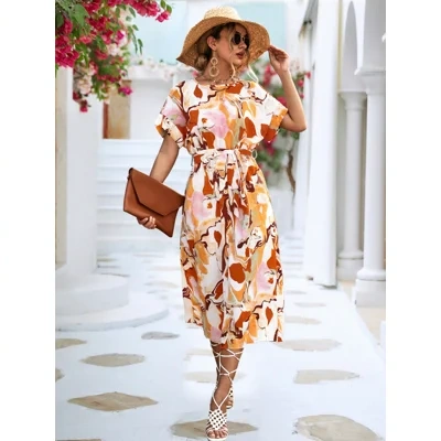 Summer Print Short-sleeved Dress Summer Loose Lace-up A-line Long Dresses Fashion Casual Holiday Beach Dress For Womens Clothing