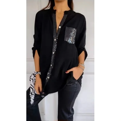 Casual Button-down Long Sleeve Shirt With Sequin Pocket Design Fashion Commuter Top Women Clothing