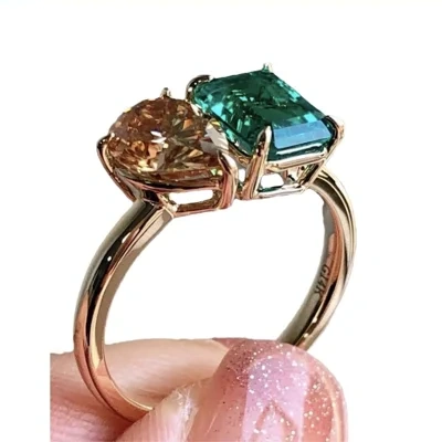 Fashion Jewelry Creative Double Main Stone Lady Green Yellow Zircon Square Stone Ring Female Luxury Crystal Engagement Ring Classic Gold Color Wedding
