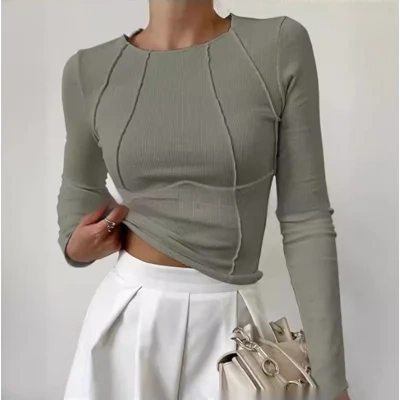 Slim Long Sleeve T-shirt Fashion Solid Color Split Thread Knitted Top Womens Clothing