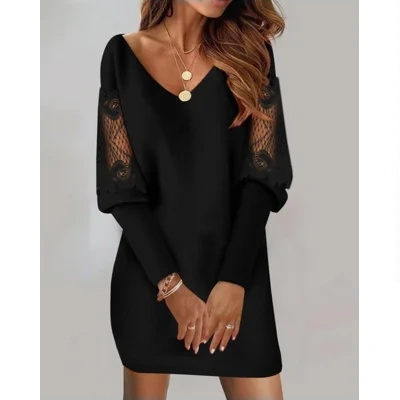 Long-sleeved V-neck Dress Spring And Autumn New Style Lace Splicing Dress For Womens Clothing
