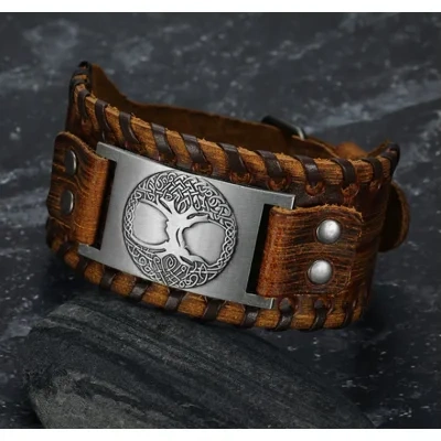 Asgard Crafted Leather Buckle Arm Cuff With Metal Celtic Tree Of Life Design