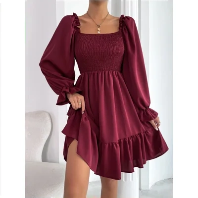 Flared Long Sleeve Dresses Women Square Neck Ruffled Swing Dress