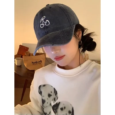 Ins Cherry Embroidered Baseball Cap Soft Top Wide Brim Cover Face Peaked Cap