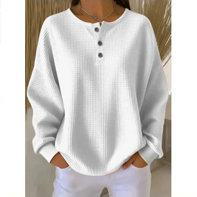 Ins Waffle Long-sleeved T-shirt Fashion Solid Color Buttons Round Neck Pullover Top Women's Clothing