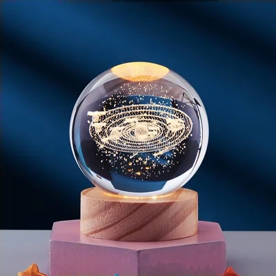 Crystal Ball 3D Inner Carved Solar System Glowing Night Lights Warm Bedside Light Festival And Kid Gift Night Lamp