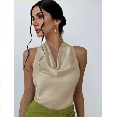 Women Solid Color Swing Collar Sleeveless Vest Trendy Elegant Shirt With Halter Neckline Backless Short Sleeve Tops Tshirts