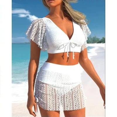 Solid Color High Waist Swimming Trunks Skirt Suit Bikini Women's Split Swimsuit