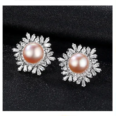 Sterling Silver Snowflake Stud Earrings Korean Gemstone Pearl Earrings Fashion Silver