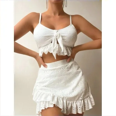 3pcs Beach Bikini With Hip-hugging Skirt Fashion Ruffle Design Swimsuit Set Summer Womens Clothing