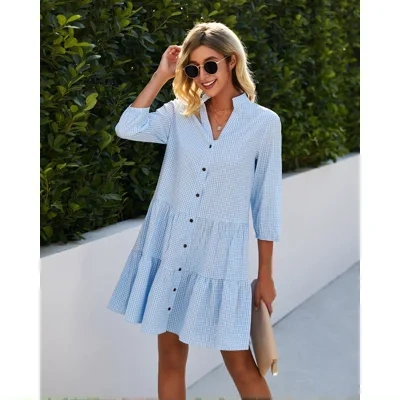 Plaid Printed Ruffle Dress V Neck Button Three-quarter Sleeves Dresses For Women Clothing