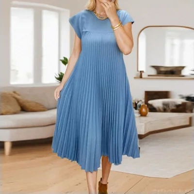 Short Sleeve Pleated Long Dress Summer Round Neck Dress Women's Clothing