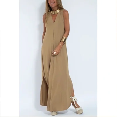 New Solid Color V-neck Sleeveless Dress Long Cardigan Jacket Suit For Women