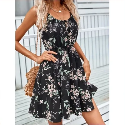 Floral Print Suspender Dress With Elastic Waist Design Fashion Summer Short Dresses Womens Clothing