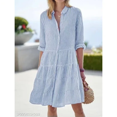 Ins Striped Long-sleeved Shirt Dress Fashion Lapel Button Dresses For Women